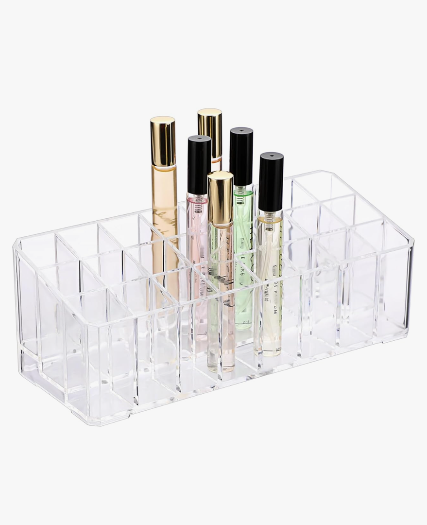 ELLDOO Rollerball Perfume Organizer, 24 Spaces Clear Acrylic Perfume Storage Holder Beauty Scent Holder, Makeup Lipgloss Lipstick Display Case