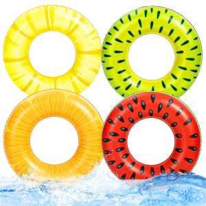 4PCS Fruit Pool Floats Watermelon Strawberry Orange Lemon Swimming Rings - Inflatable Tubes Floaties Toys for Kids Adults