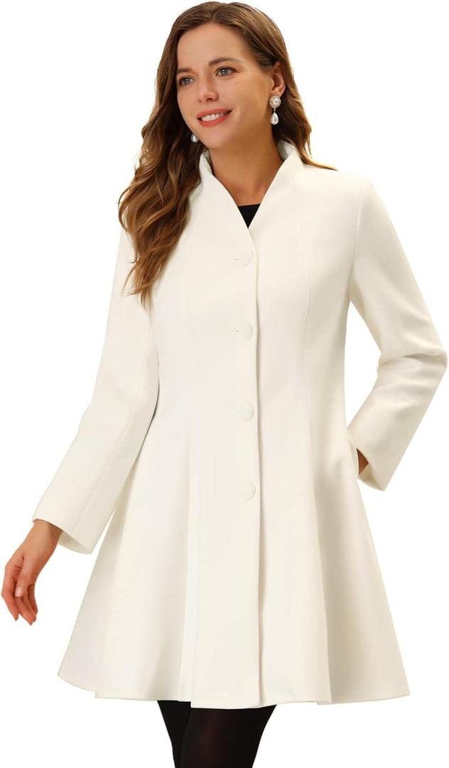 Allegra K Women's Single Breasted Coat A Line Mid-Long Peacoats Outerwear Winter Coats (White) Small