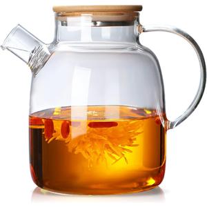 Glass Tea Pot Kettles Stovetop Safe, 60.8oz/1800mL Heatproof Borosilicate Glass Teapot Water Pitcher With Bamboo Lid and Removable Filter Spout for Loose Leaf and Blooming Tea