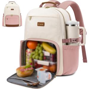 LOVEVOOK Lunch Backpack with Lunch Compartment,15.6 Inch Laptop Work Travel Insulated Cooler Backpack, Waterproof College Teacher Lunch Bag Box with Tumbler Holder,Gifts for Men Women,Beige-Pink-Brown