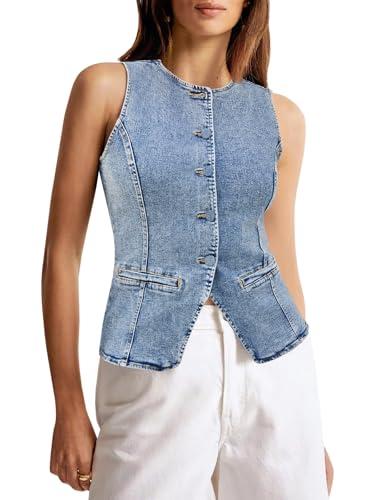 Tankaneo Womens Button Down Denim Vest Tops Sleeveless Fitted Jean Tank Tops Summer Trendy Casual Waistcoat, Size L