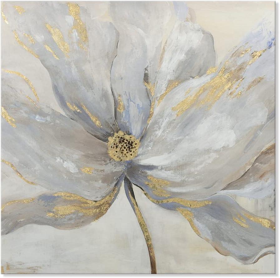 Goldfoilart Floral Wall Art Gold Flower Canvas Pictures with Foil Embellishment Painting Grey Print Framed Artwork for Bedroom Bathroom Living Room Office Wall Decor 24" x 24"