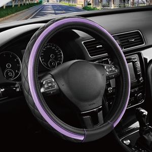 Road Comforts Leather Steering Wheel Cover  Black & Purple, Universal Fit 14.5-15 Inch, Microfiber Leather, Anti-Slip & Breathable Design for Men and Women