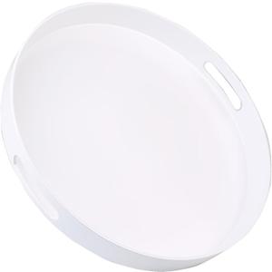 Round White Decorative Serving Tray with Handles, 13 Versatile Ottoman Tray for Coffee Table, Entertaining, Outdoor Patio, Living Room