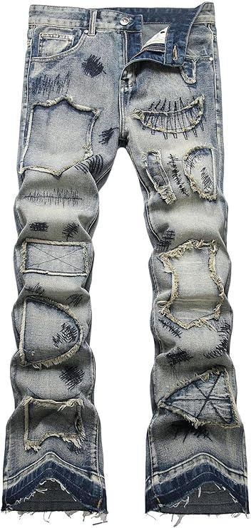 Men's Classic Flared Jeans Slim Fit Bell Bottom Demin Jeans Ripped Patched Denim Pants, 5713 Vintage (Blue, Size 32)