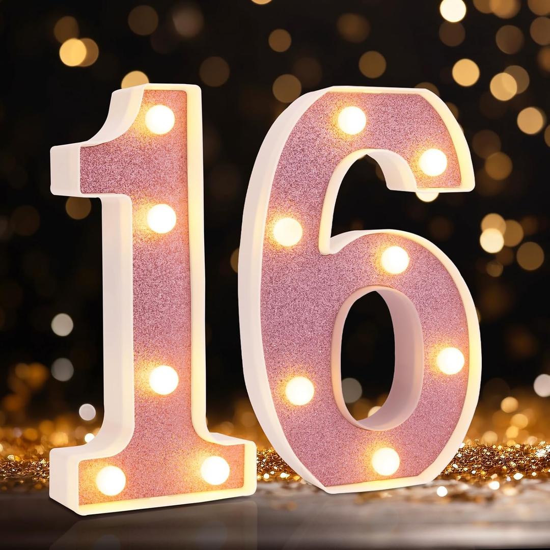 Led Light Up Numbers, Sweet 16th Birthday Party Decorations, Battery Powered Number 16 Light Up Sign, 16th Birthday Decorations for Girls (Pink Glitter)
