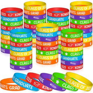WATINC Kindergarten Graduation Silicone Wristbands Set, Class of 2025 Colorful Happy Graduation Label Bracelets, Rubber Wristband Party Favors Supplies Decoration Students Rewards for Kids (72Pcs)