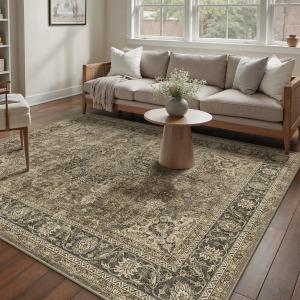 5x7 Washable Area Rug Brown Vintage Non Slip Soft Low Pile Rug for Living Room Bedroom Dining Room Office Distressed Oriental Indoor Throw Carpet for Home Decor