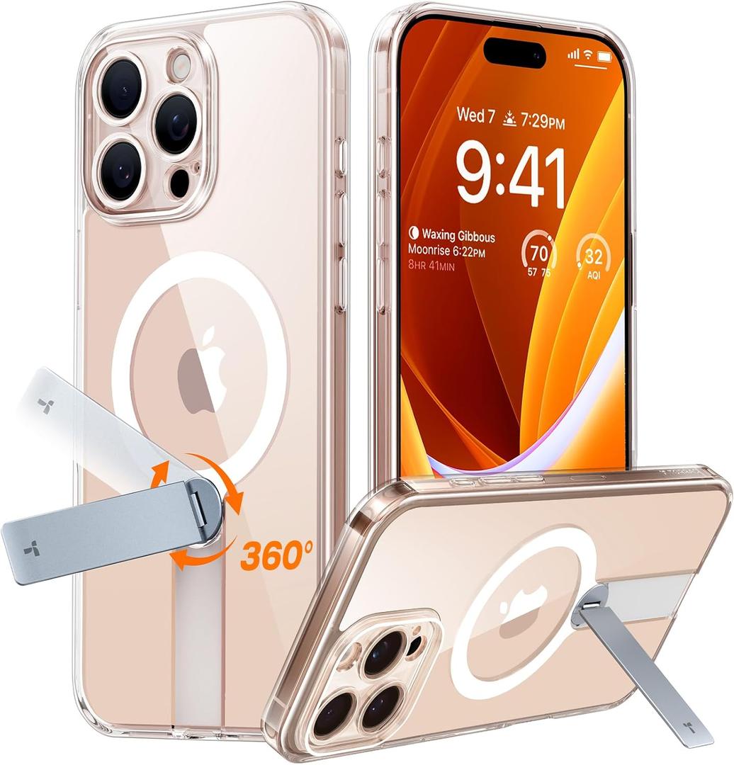 TORRAS 360°Stand Magnetic Case for iPhone 16 Pro Max Case,[Full Camera Protection][Fit for MagSafe] [16FT MilGrade Drop Protection]Case for 16 Pro Max iPhone Case with Kickstand(6.9"), Diamond Clear