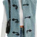 Tanakneo Womens Fuzzy Fleece Vest Cropped Sleeveless Sherpa Jacket Stand Collar Toggle Warm Outerwear Vest (Small, Blue)