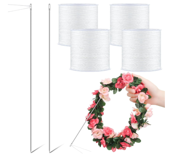 GliCraft 6 Pcs Lei Needle Kit Include 2 Pcs 14 Inch Large Eye Lei Long Sewing Needle 4 Lei Needle Twine 150 Feet Per Roll for DIY Graduation Hawaiian Flower Lei Making Malay Flowers Wreath Accessory