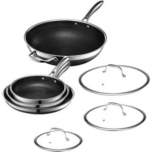 HexClad Hybrid Nonstick 7-Piece Pan Set, 8, 10, and 12-Inch Frying Pans with Tempered Glass Lids and 12-Inch Wok, Stay-Cool Handles, Dishwasher-Friendly, Induction Ready, Compatible with All Cooktops