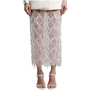 MakeMeChic Women's Sequin Midi Skirts Sheer Fringe Glitter Sparkly Party Club Cover Up Pencil Skirts, XL