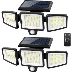 Tuffenough Solar Outdoor Lights 2500LM 210 LED Security Lights with Remote Control,3 Heads Motion Sensor Lights, IP65 Waterproof,270 Wide Angle Flood Wall Lights with 3 Modes (2 Packs)