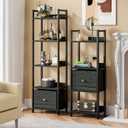 Furologee 5 Tier Bookshelf with Drawer, Kitchen Bakers Rack with Storage, Tall Narrow Bookcase, Industrial Free Standing Display Shelf, Wood and Metal Book Shelf for Bedroom, Living Room, Black