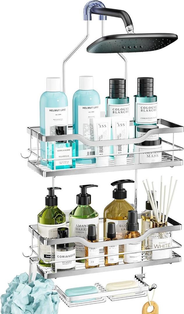 Consumest Shower Caddy Over Head with Soap Holder, No Drilling Hanging Shower Organizer Shelf with 4 Movable Hooks, Rustproof & Waterproof Storage Rack for Bathroom, Black (Large)