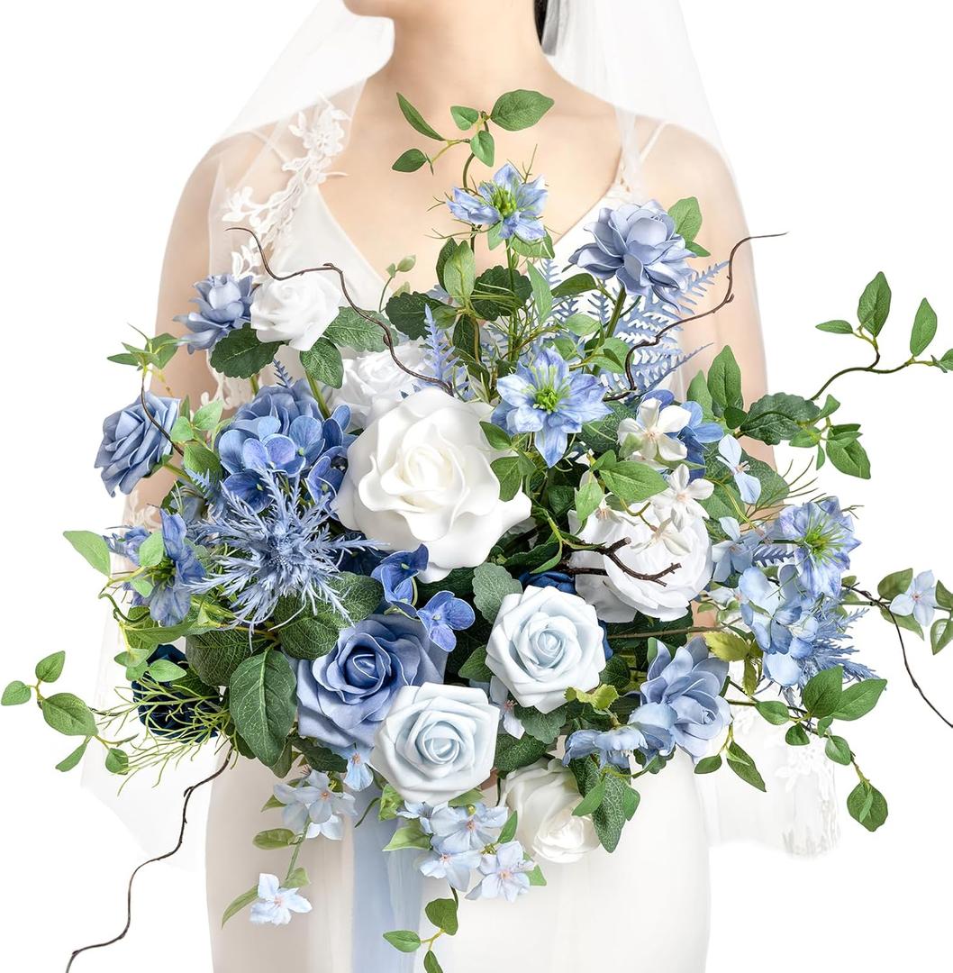 Ling's Moment Dusty Blue Wedding Bouquets for Bride, Blue and White Bridal Bouquets for Bride, 15 Inch Free Form Artificial Wedding Flower Bouquet