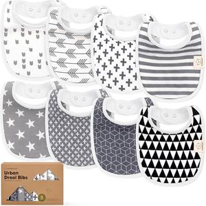 8-Pack Organic Baby Bibs for Boys, Girls - Soft Cotton Drooling and Teething Bibs for Baby Girl & Boy, Extra Absorbent, Easy To Clean & Put On for Toddler, Newborn, Infant 0-24 Months (Grayscale)