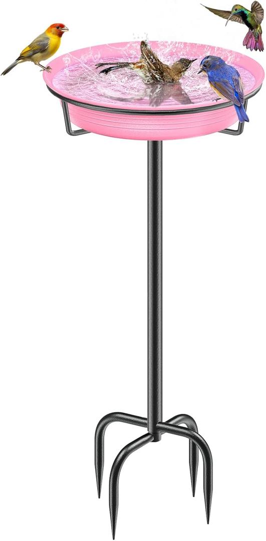 28In Freestanding Birdbaths Bowl Outdoor, Standing Garden Bird Bath Bird Feeder Bowl with Metal Stake, Detachable Decoration Spa Birdfeeder for Garden Patio Yard Lawn, 4 Spiky Feet (Pink)