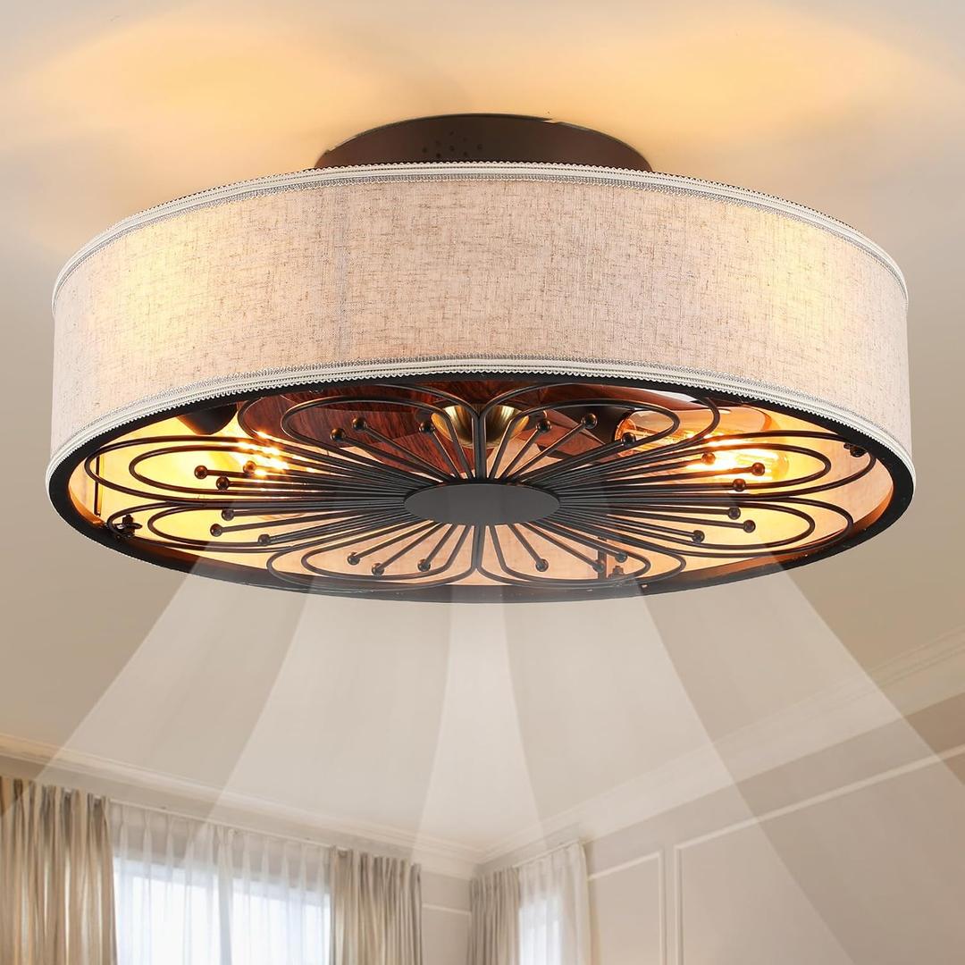 Caged Ceiling Fans with Lights Flush Mount,Low Profile Ceiling Fan with Remote,20 Inch Farmhouse White Ceiling Fan for Bedroom,6 Speeds Reversible Silent Fandalier(Include 4 Bulb)