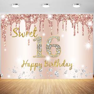 7x5ft Rose Gold Sweet 16 Backdrop for Girls Happy 16th Birthday Party Decorations Sweet 16 Photography Background Cake Table Banner Supplies Photo Booth Props