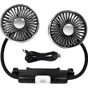 Dual Head Car Fan USB Powered, 3 Speed Adjustable 360 Rotatable Cooling Air Fan with 2 LED Lights for Dashboard SUV RV Truck Sedan Home Office, Portable Rear Seat Fans for Kids