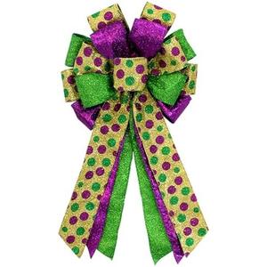Large Mardi Gras Bow for Wreath, 20 * 11inch Green Purple Metallic Dot Glitter Wreath Bow for New Orleans Fat Tuesday Home Outdoor Indoor Party