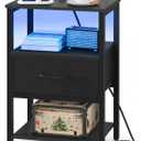 Yoobure Side Table with Storage, LED Night Stand with Charging Station, End Tables Living Room, Nightstand for Bedroom with Adjustable Fabric Drawer, 3-Tier Wood Bedside Table, Black