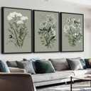 Vibrant Flowers Canvas Wall Art - White Floral Framed Wall Decor Aesthetic Spring Pictures Botanical Paintings Sage Green Art Prints for Living Room Bedroom Dining Room 16" X 24" X 3 Panels