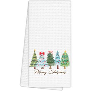 Merry Christmas Tree Kitchen Towels, Cute Winter Xmas Tree Hand Towels for Bathroom Decor, Winter Holiday Christmas Dishcloths Dish Towel for Kitchen 16x24 Inches