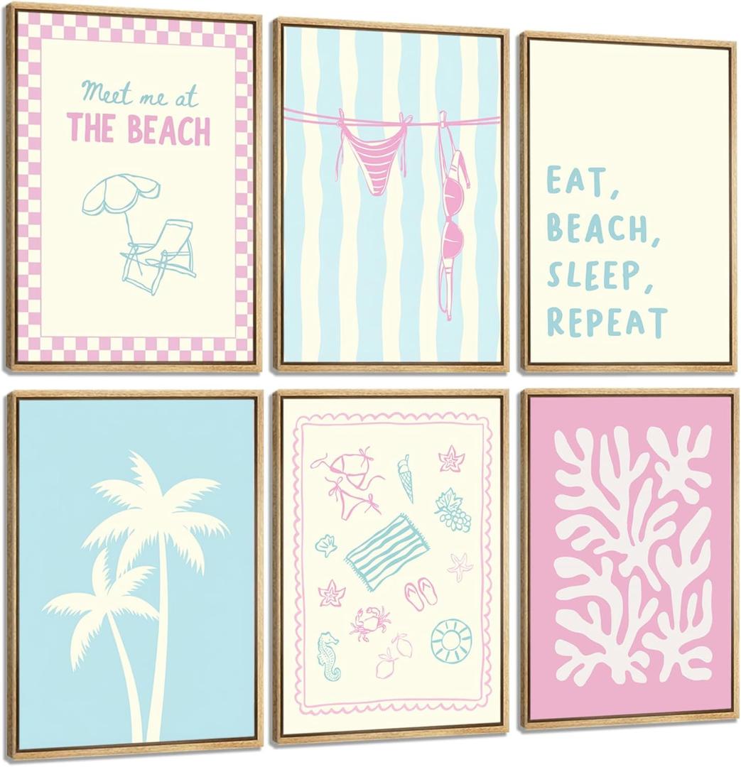 BSXQCHZD 6Pcs Pink Blue Beach Preppy Wall Art Coastal Granddaughter Aesthetic Picture Print Trendy Beach Poster Artwork for Bathroom Bedroom, Tropical Home Decoration 12x16 Inch Unframed