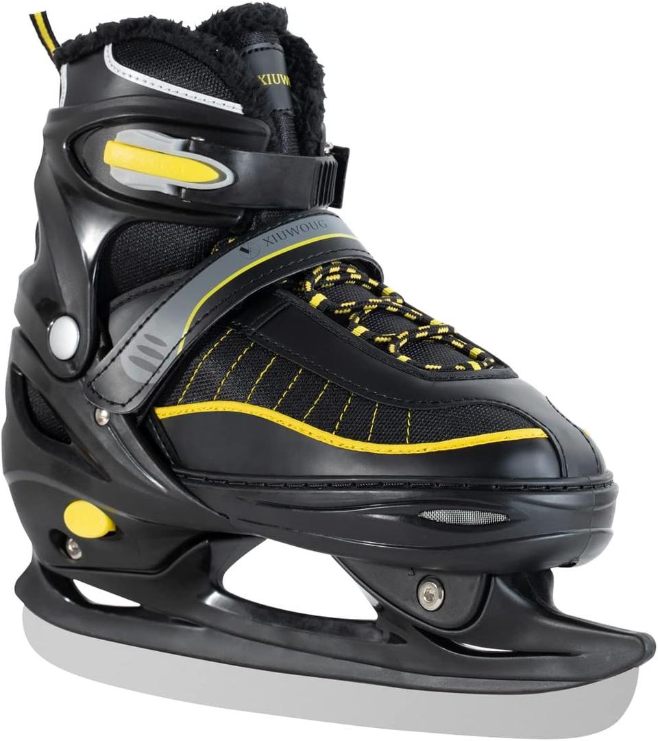 Ice skates,adjustable ice skates for Men Women and kids,Stainless Steel Ice Skates,Quick Lacing System & Push-Lock Buckle,Adjustable 4 Size (BLACK, L(4Y-7Y)Kids,(6.5-8.5)Women,(6-8)Men)