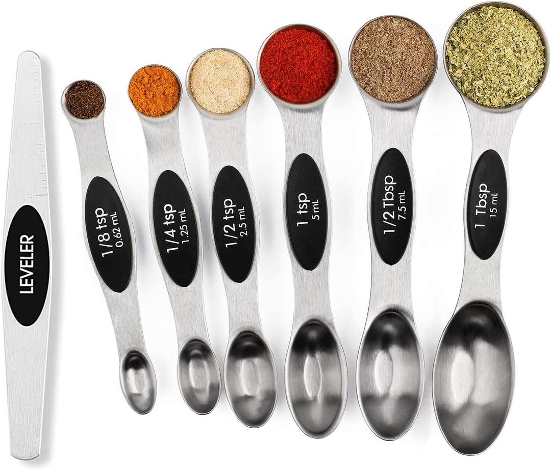 Magnetic Measuring Spoons Set Stainless Steel with Leveler, Stackable Metal Tablespoon Measure Spoon for Baking, Cups and Spoon Set Kitchen Gadgets Apartment Essentials Fits in Spice Jars (Silver)