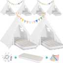 6 Pack Teepee Tent for Kids Sleepover Party Indoor, Gift Set with Inflatable Airbeds with Star Lights & Colored Flags, Washable & Foldable Toddler Slumber Party Tent for Girls & Boys, White