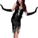 Tisancy 7 Pcs 1920s Women's Flapper Dress Sequin Dress Costume Headwear Earring Necklace Glove Stick Set and Long Feather Boa (Black, XS)