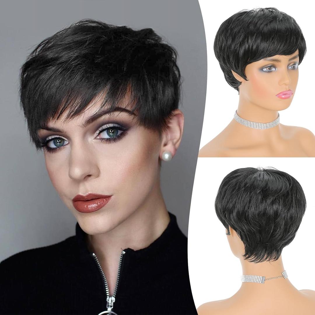 FESHFEN Pixie Cut Wigs Synthetic Short Pixie Haircut Wig with Bangs Glueless Layered Wig Wavy Wigs for Women, Black
