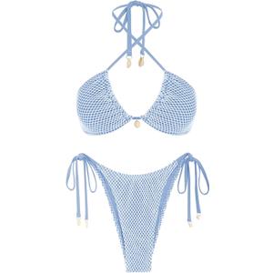 ZAFUL Women's Bikini Set Fishnet Triangle Tie Convertible Collar Halter Bandeau Shell Two Piece Bathing Suit (Blue, XL)