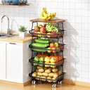 5 Tier Vegetable Fruit Basket for Kitchen, Stackable Metal Fruit and Vegetable Storage Baskets with Rolling Wheels Cart, Pantry organizers and storage for Kitchen Bathroom, Living Room, Laundry Room, Cart