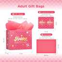 4 x MotiGiftie 13" Pink Happy Birthday Gift Bag with Tissue Paper and Greeting Card for Party, Happy Birthday Gift Bag for Men Women, Hot Stamping Gift Bags