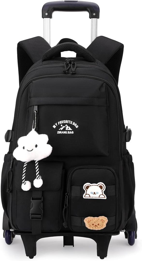 Black Rolling Backpack with Wheels for Girls Boys, Kids Roller Wheeled Backpack Middle School Bag, Trolley Rolling Bookbag on 6 Wheels