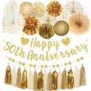 Roetyce 50th Anniversary Decorations, Gold Glitter Happy 50th Anniversary Banner Photo Background for Women Men, Cheers to 50 Years Backdrop Pompoms Paper Fans Party Supplies Dad Mom