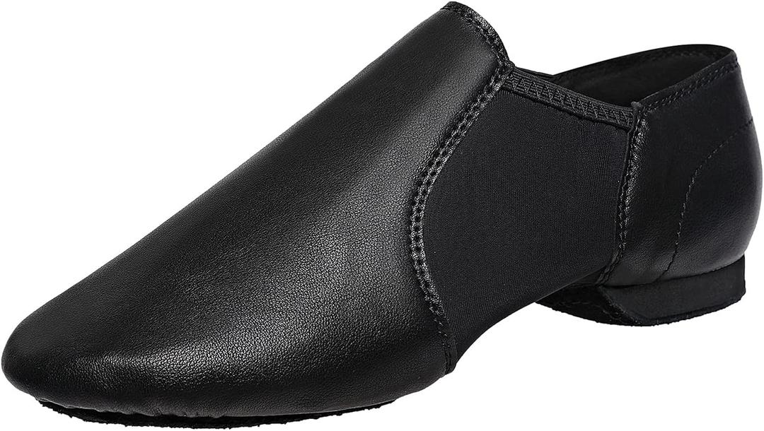 Black Slip-on Jazz Shoes Elastic Leather Sole Dance for Men Womens (13.5W / 12.5M)