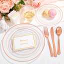 bUCLA 150PCS Clear Rose Gold Disposable Dinnerware set - Rose Gold Plastic Plates Include 25 Dinner / 25 Dessert Plates, 25 Knives, 25 Forks, 25 Spoons, 25 Cups for Party, Wedding & Mother's Day