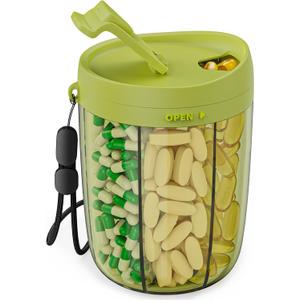PULIV Large Pill Bottle Organizer, Supplement Organizer for Holding 6 Various Vitamins, Pill Box Case with Anti-Mixing & Wide Opening Design, Easy to Retrieve Meds and 20 Pcs Stick-on Labels, Green
