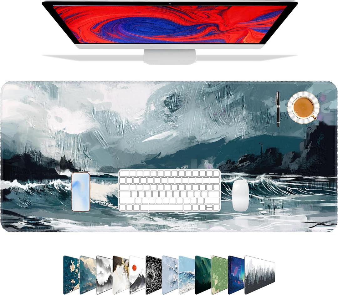Galdas Gaming Mouse Pad XXL XL Large Long Extended Big Mousepad Non-Slip Rubber Keyboard Mouse Pad with Stitched Edges for Laptop Home Office (31.5x11.8x0.08 Inch) (Ink Painting)