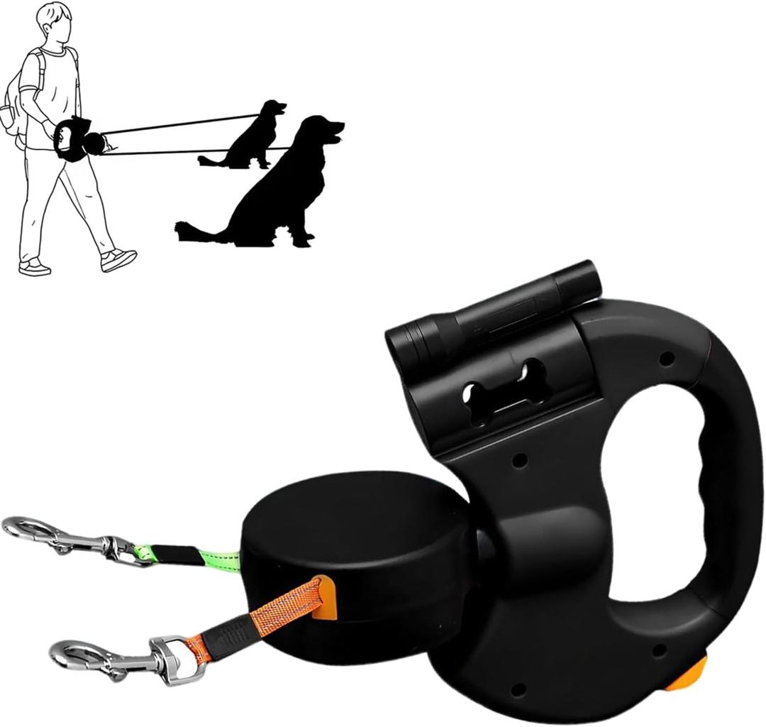 Illuminated Double Retractable Leash for Two Dogs, 360 Anti-Tangle Swivel Strap and 3M Retractable Strap with Comfortable Ergonomic Handle for Small and Medium-Sized Pets on The go (Black)