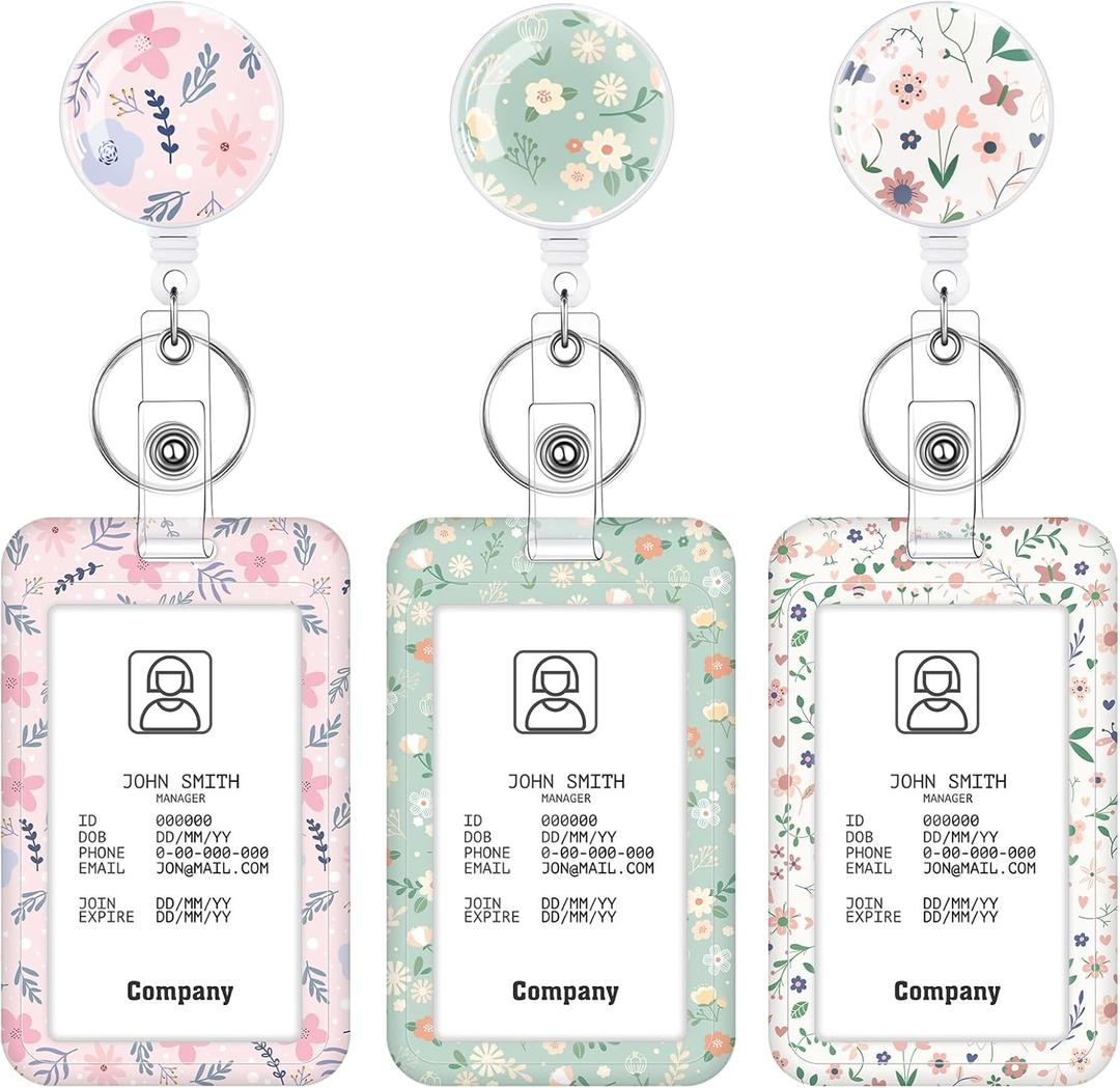 3 Set Floral Pattern ID Badge Holder with Retractable Reel, Retractable ID Badge Holders with Clip Name Badge Holders for Teacher Nurse Doctor Student Office Workers (Small Flower)