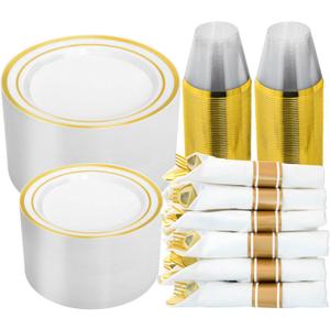 N9R 350 PCS Gold Plastic Dinnerware Set for 50 Guests, Gold Plastic Plates, Disposable Plate for Party, Include: 50 Dinner & Dessert Plates, 50 Pre Rolled Napkins with Silverware and 50 Cups
