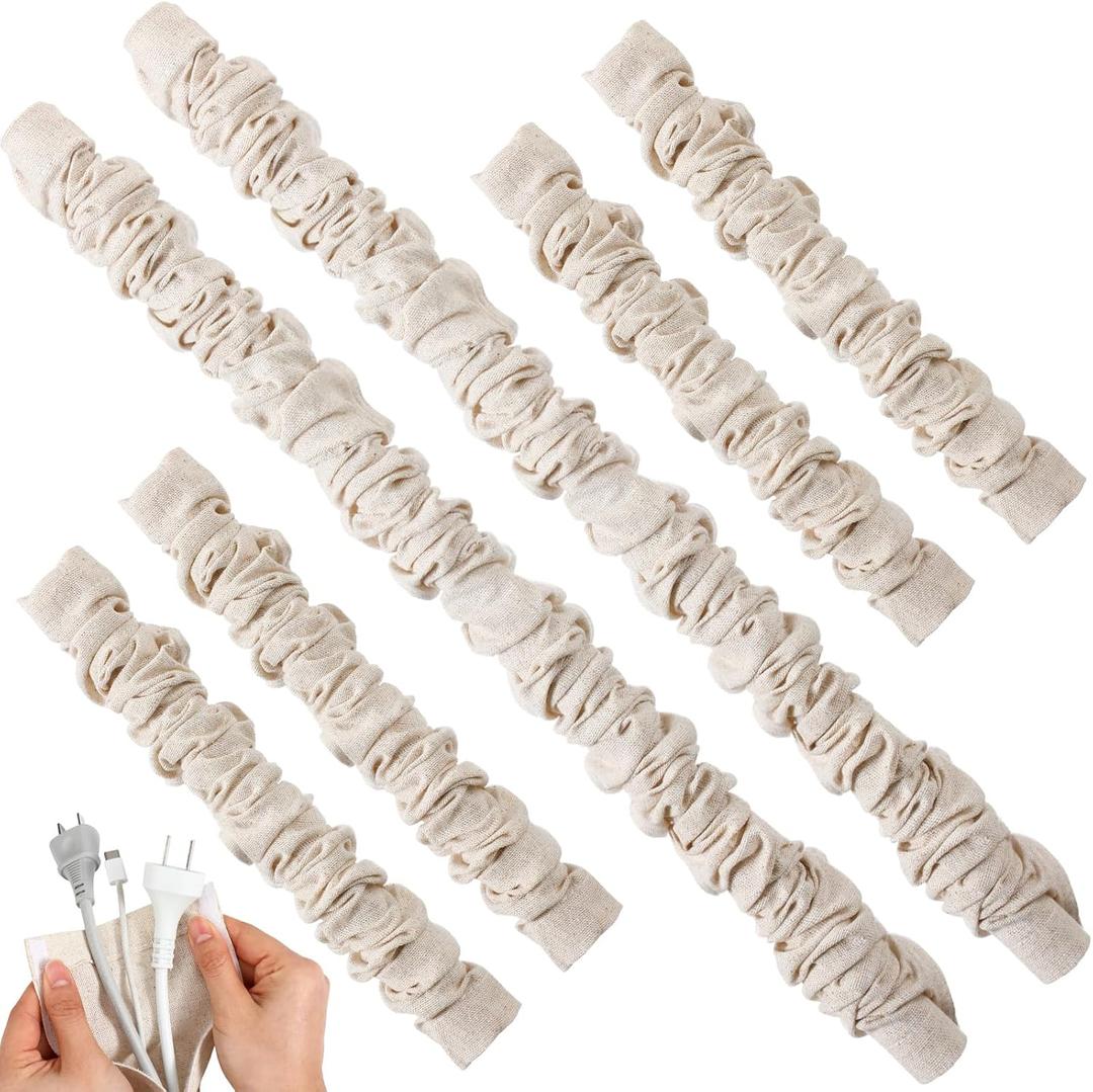 Tegeme 6 Pack Fabric Cord Cover for Electric Wire Chandelier Chain Cover Swing Chain Linen Shade with Hidden Hook Loop Closure Sleeves for Chandelier Wires Cable Swing(Beige,2×5.3ft, 4×2.6ft)